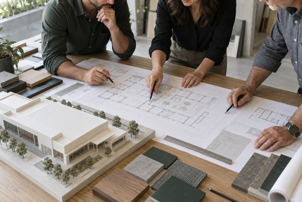 Illustrative scene of a design team reviewing plans and a commercial building model