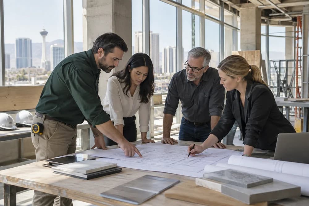 Illustrative scene of project partners coordinating around construction plans